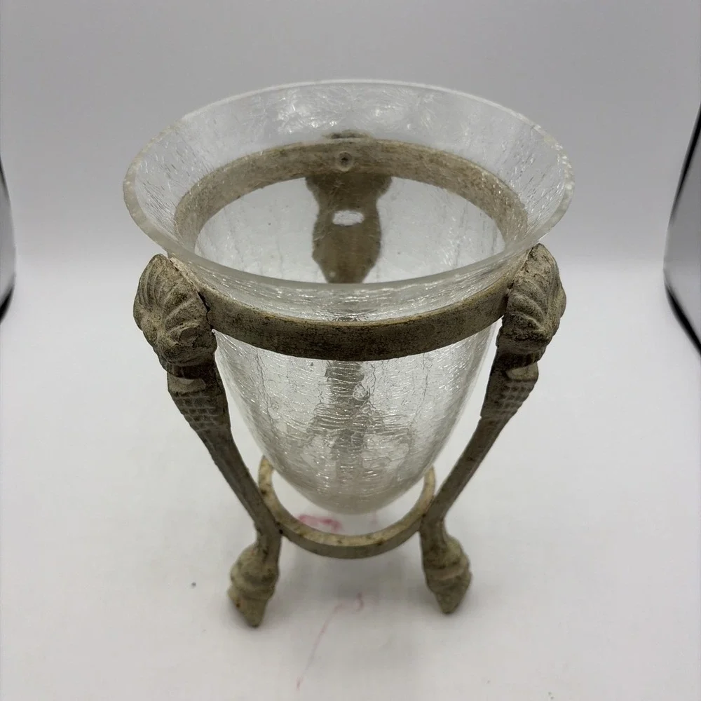Three Footed Metal Stand w/Crackle Glass Vase Insert Centerpiece - 8 3/4